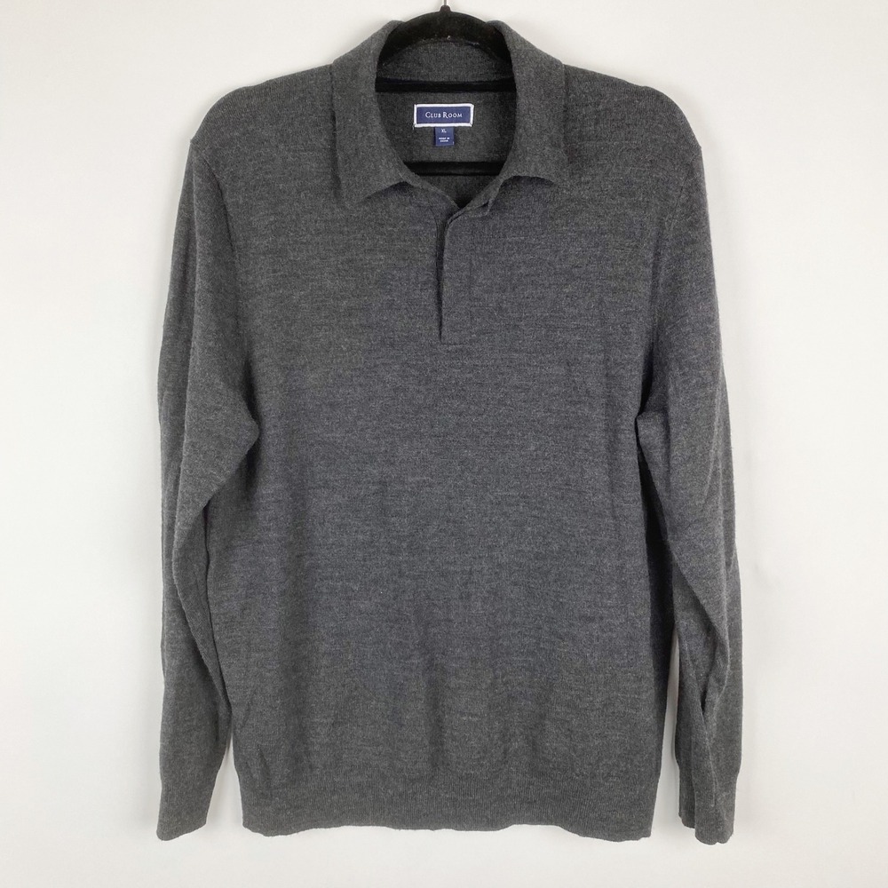 Club Room Polo Sweater Mens XL Charcoal Gray Merino Wool Blend Long Sleeve FA21